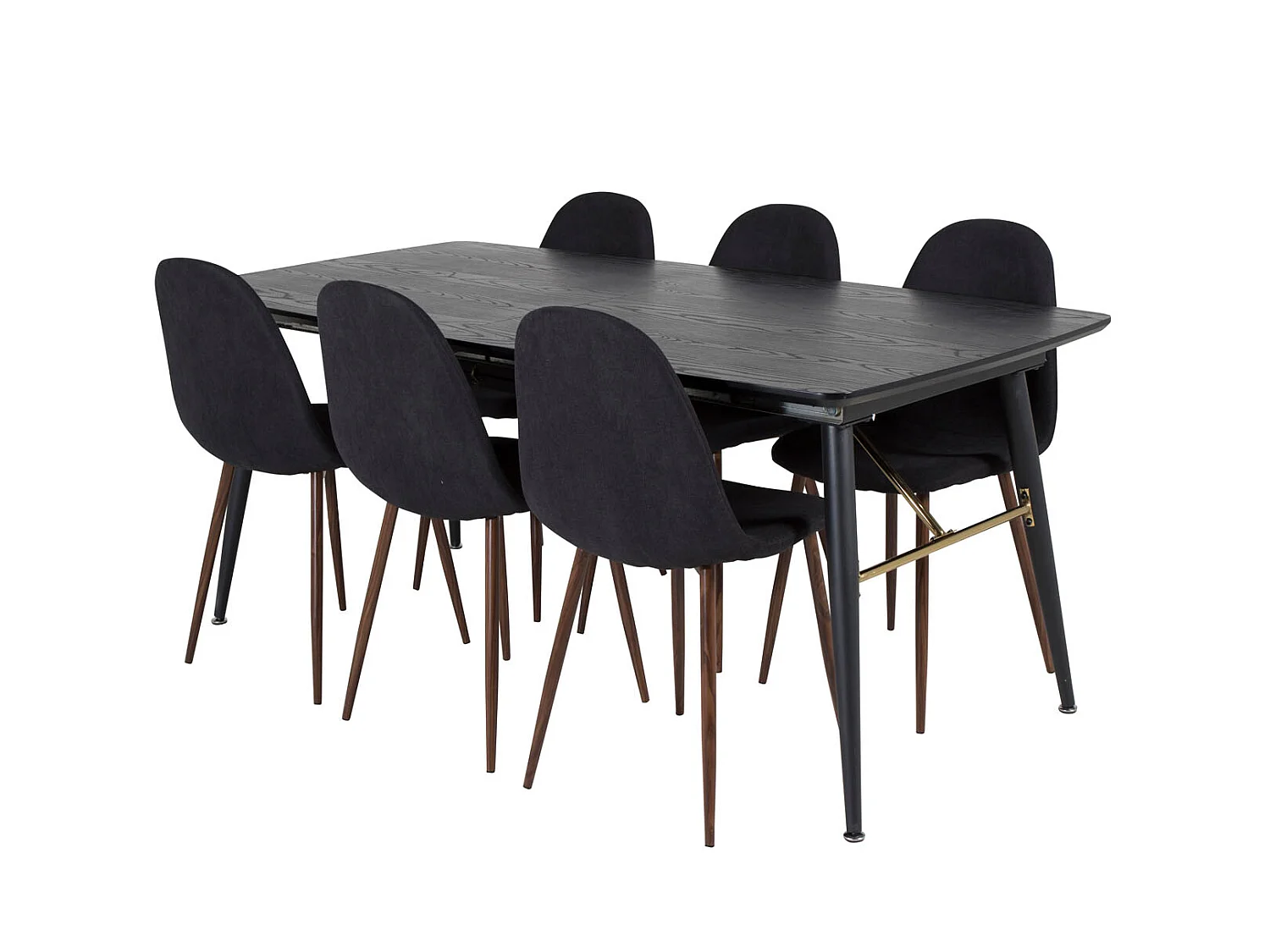 Gold eethoek eetkamertafel uitschuifbare tafel lengte cm 180 / 220 zwart en 6 Polar eetkamerstal zwart.