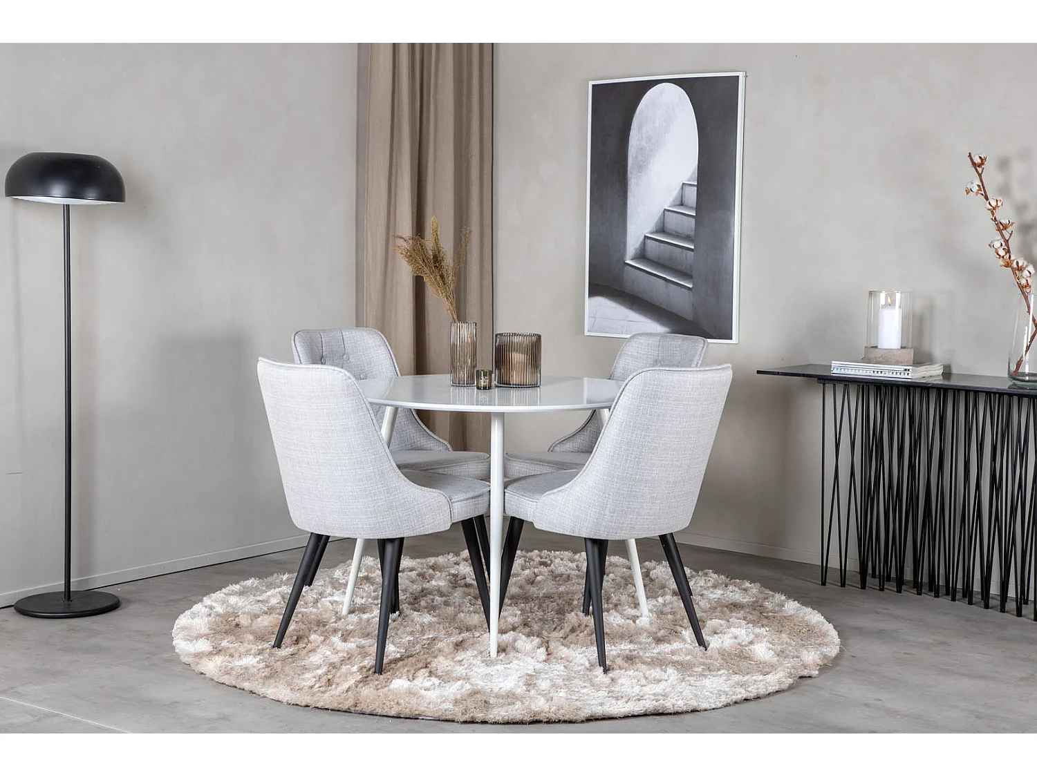 PlazaWHWH100 ensemble table, table blanc et 4 Velvet Deluxe chaises grisclair, noir.