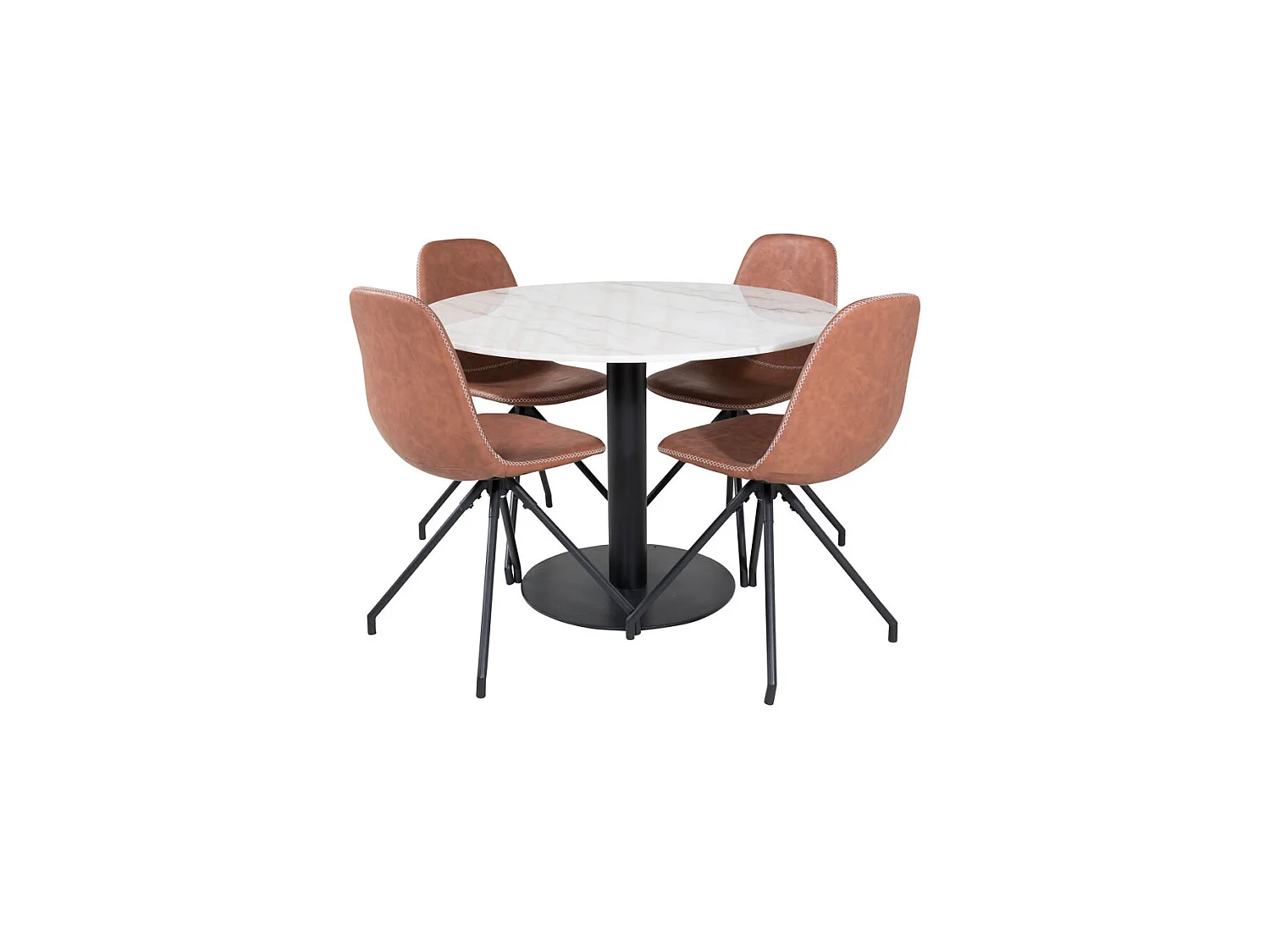 EstelleØ106WHBL ensemble table, table blanc, marbre et 4 Polar chaises Similicuir PU marron.