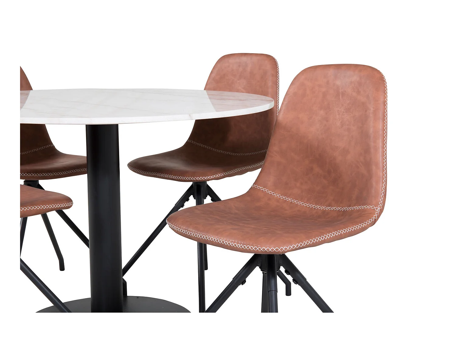 EstelleØ106WHBL ensemble table, table blanc, marbre et 4 Polar chaises Similicuir PU marron.