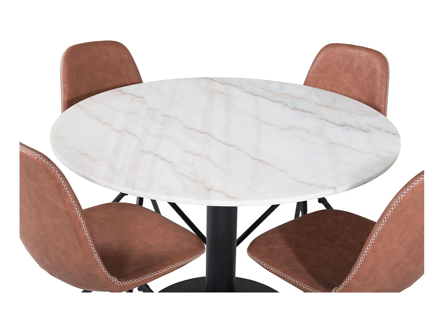 EstelleØ106WHBL ensemble table, table blanc, marbre et 4 Polar chaises Similicuir PU marron.