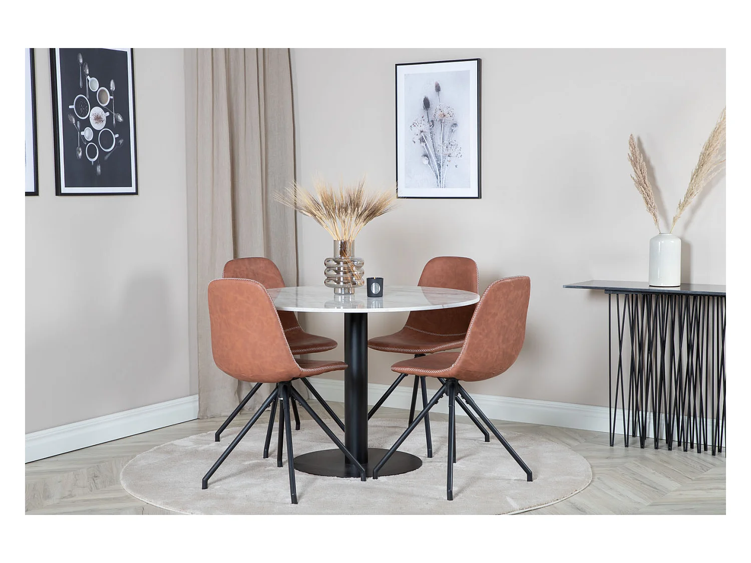 EstelleØ106WHBL ensemble table, table blanc, marbre et 4 Polar chaises Similicuir PU marron.