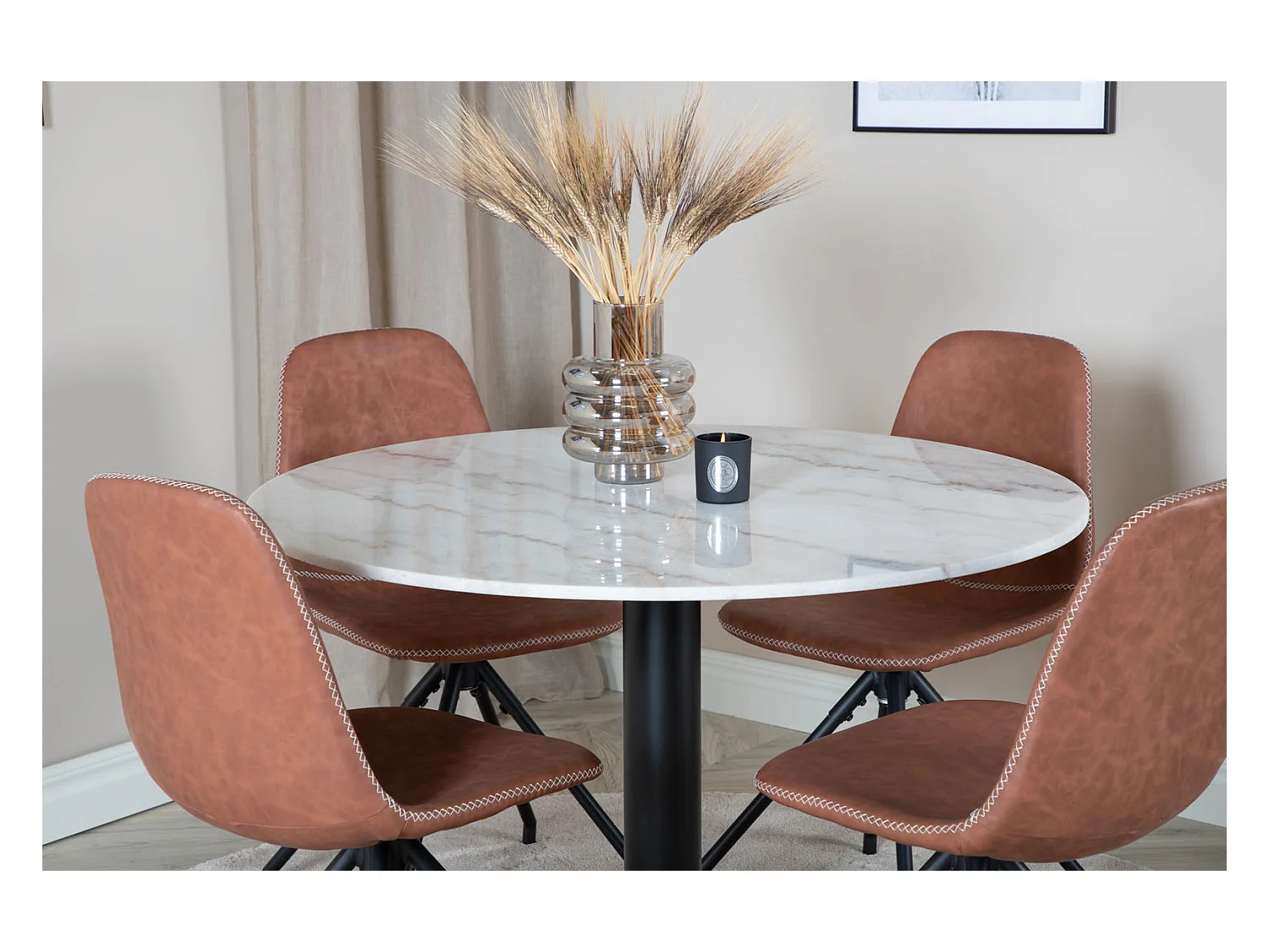 EstelleØ106WHBL ensemble table, table blanc, marbre et 4 Polar chaises Similicuir PU marron.