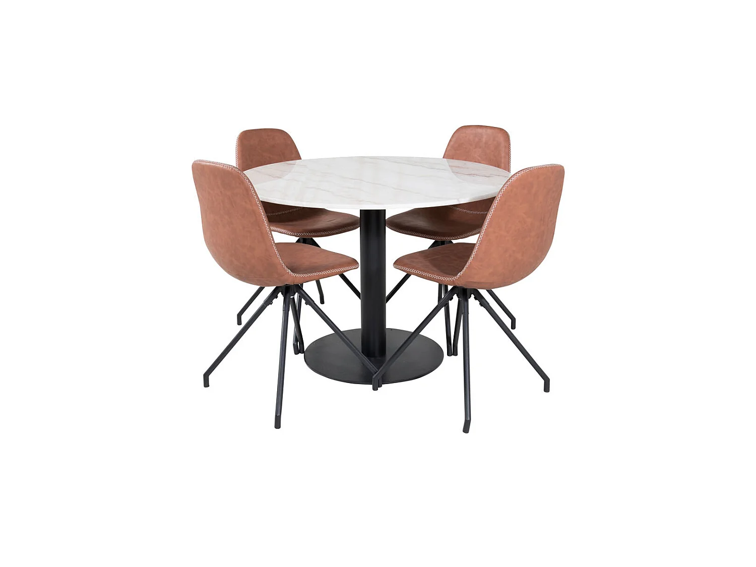 EstelleØ106WHBL ensemble table, table blanc, marbre et 4 Polar chaises Similicuir PU marron.