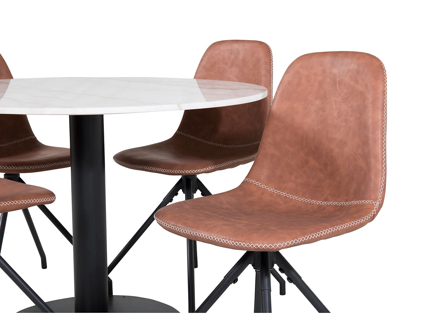 EstelleØ106WHBL ensemble table, table blanc, marbre et 4 Polar chaises Similicuir PU marron.