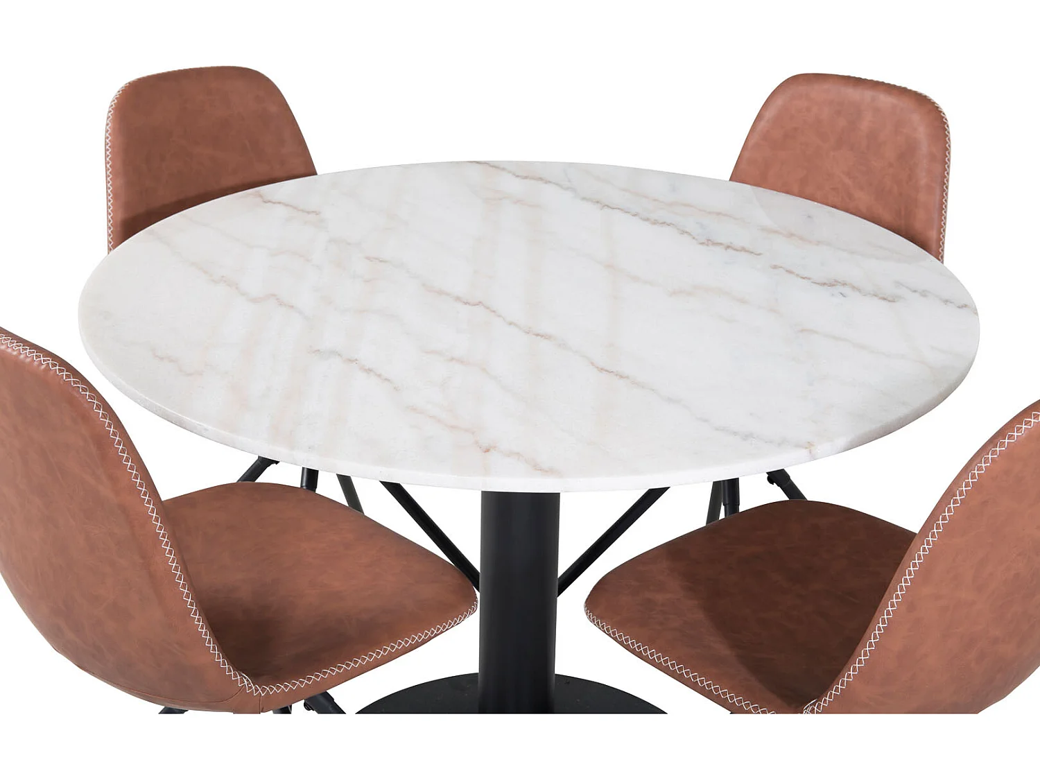 EstelleØ106WHBL ensemble table, table blanc, marbre et 4 Polar chaises Similicuir PU marron.