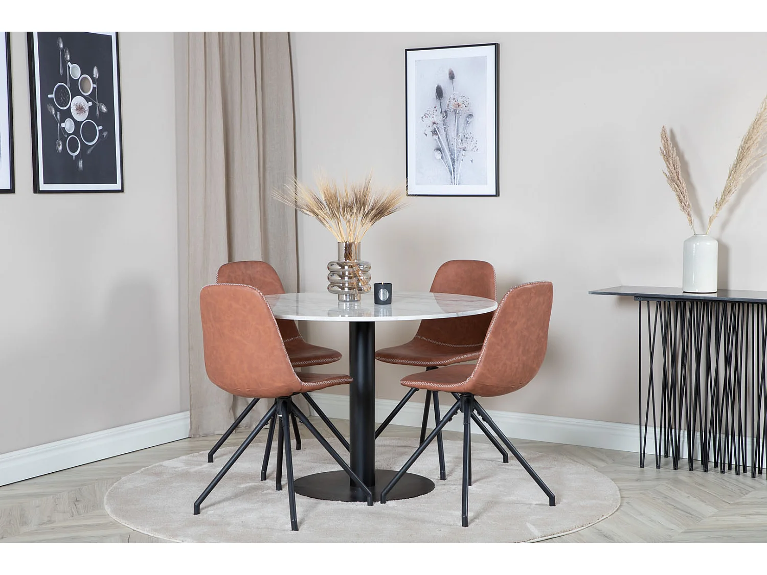 EstelleØ106WHBL ensemble table, table blanc, marbre et 4 Polar chaises Similicuir PU marron.