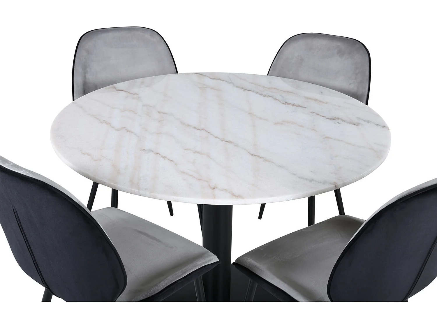 EstelleØ106WHBL ensemble table, table blanc, marbre et 4 Emma chaises Velours gris,noir.