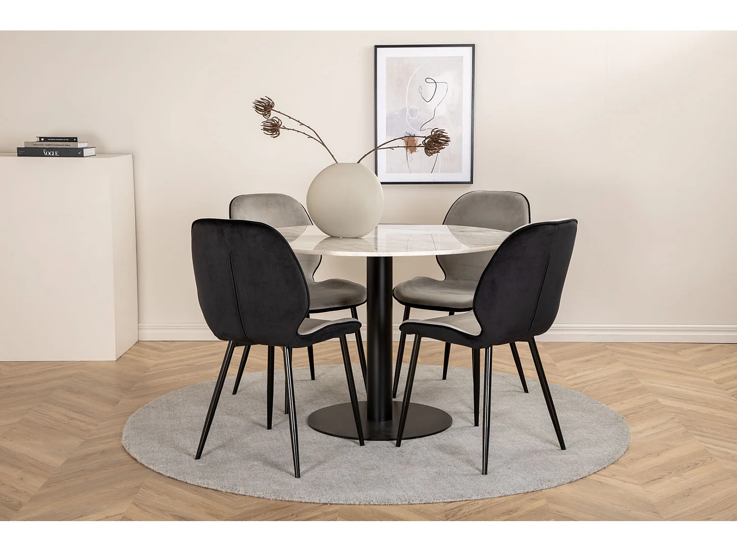 EstelleØ106WHBL ensemble table, table blanc, marbre et 4 Emma chaises Velours gris,noir.