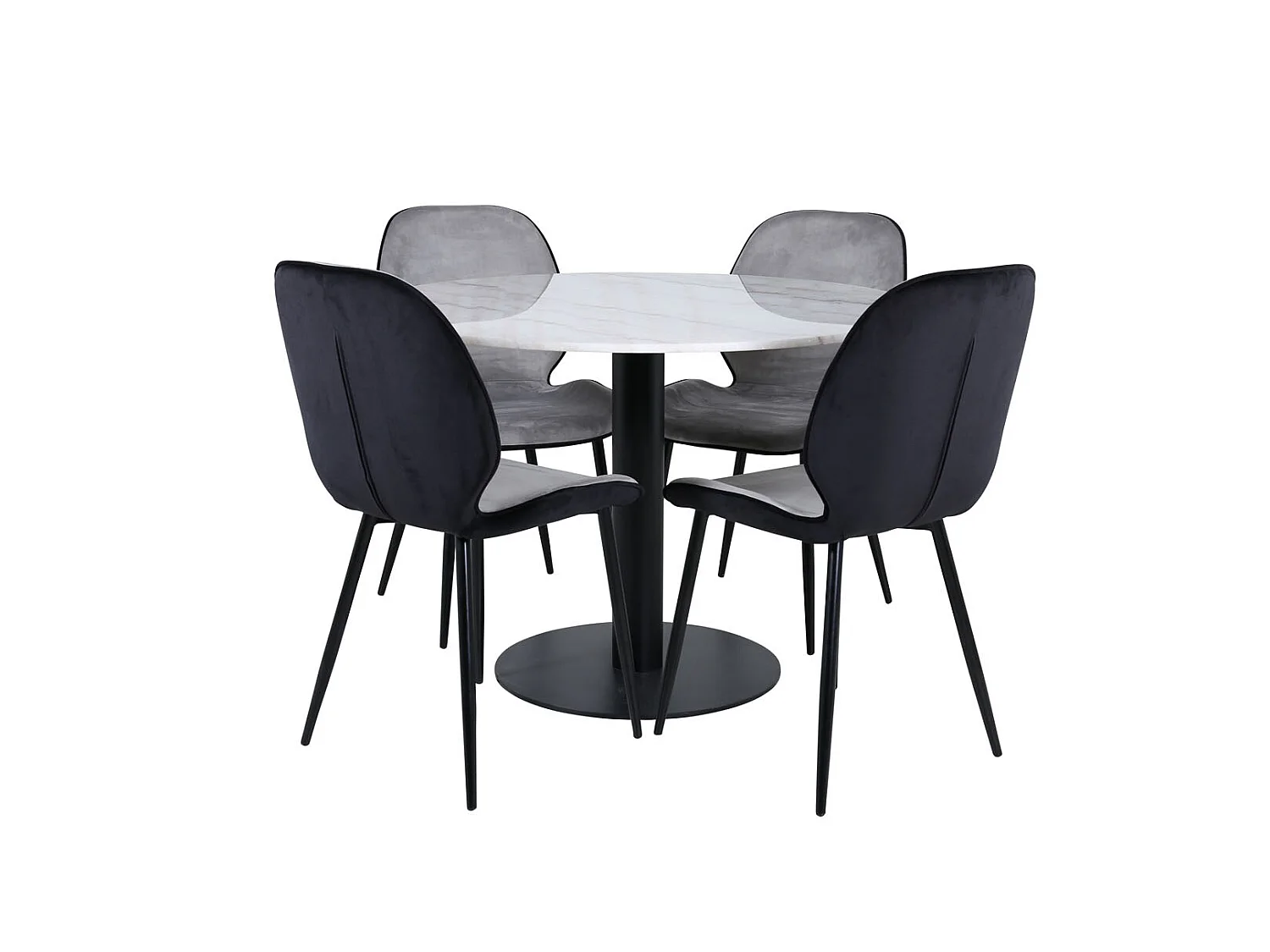 EstelleØ106WHBL ensemble table, table blanc, marbre et 4 Emma chaises Velours gris,noir.