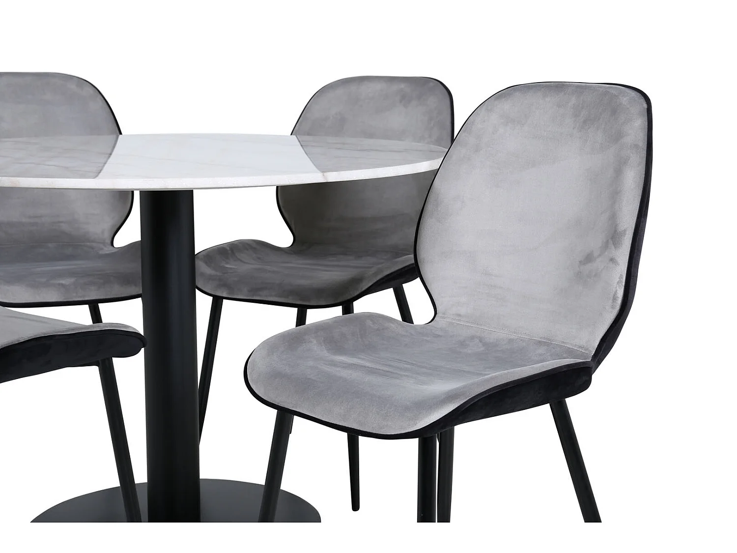 EstelleØ106WHBL ensemble table, table blanc, marbre et 4 Emma chaises Velours gris,noir.
