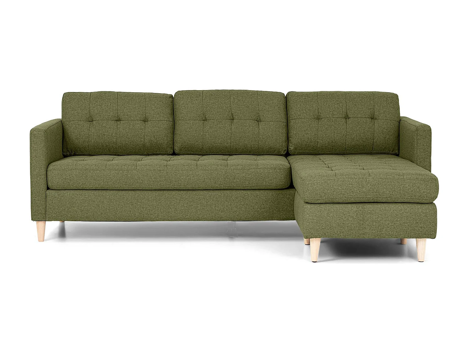 Mars Sofa, Canapé avec chaise longue réversible à droite ou à gauche, en tissu vert avec pieds en bois.