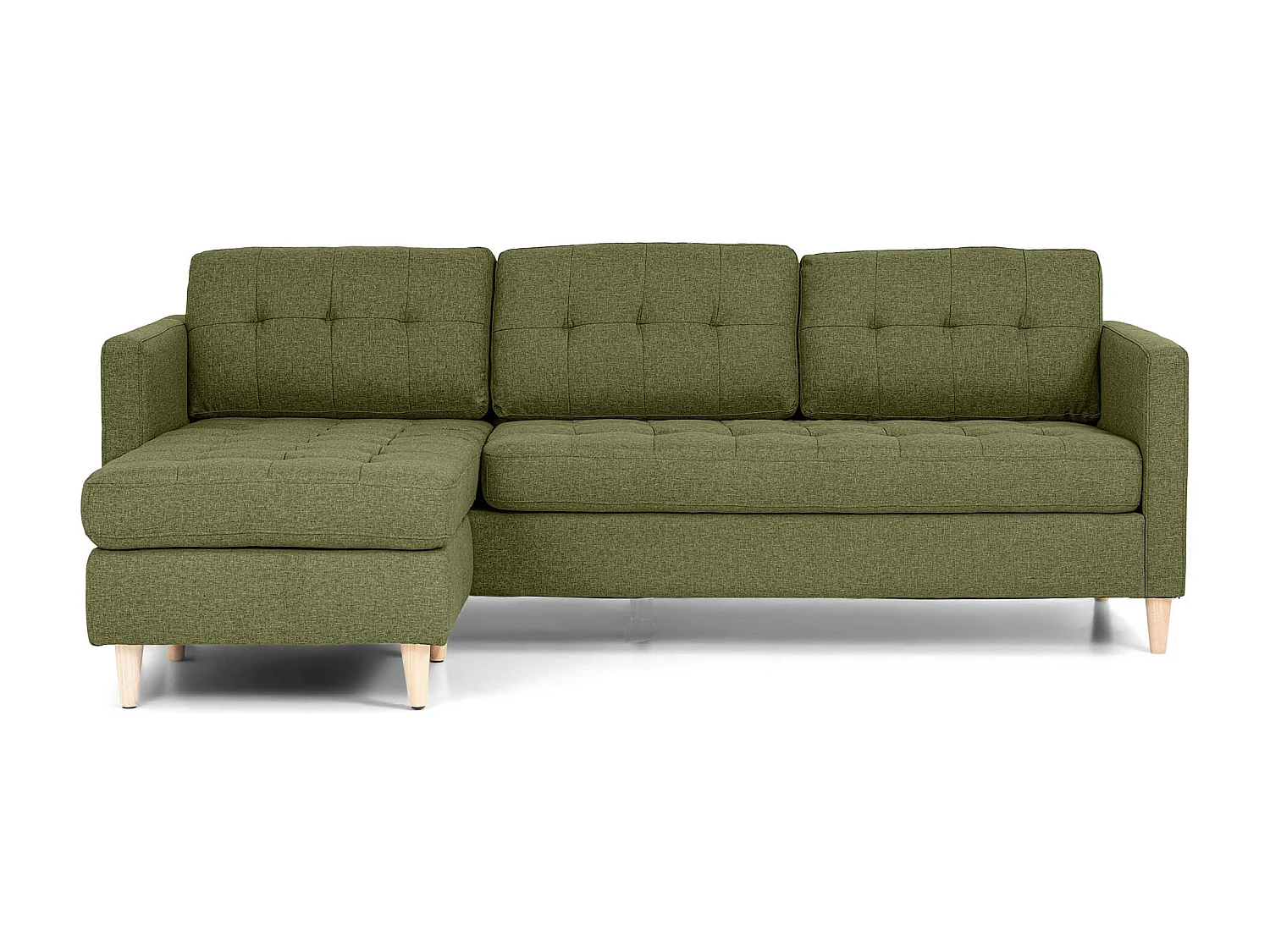 Mars Sofa, Canapé avec chaise longue réversible à droite ou à gauche, en tissu vert avec pieds en bois.
