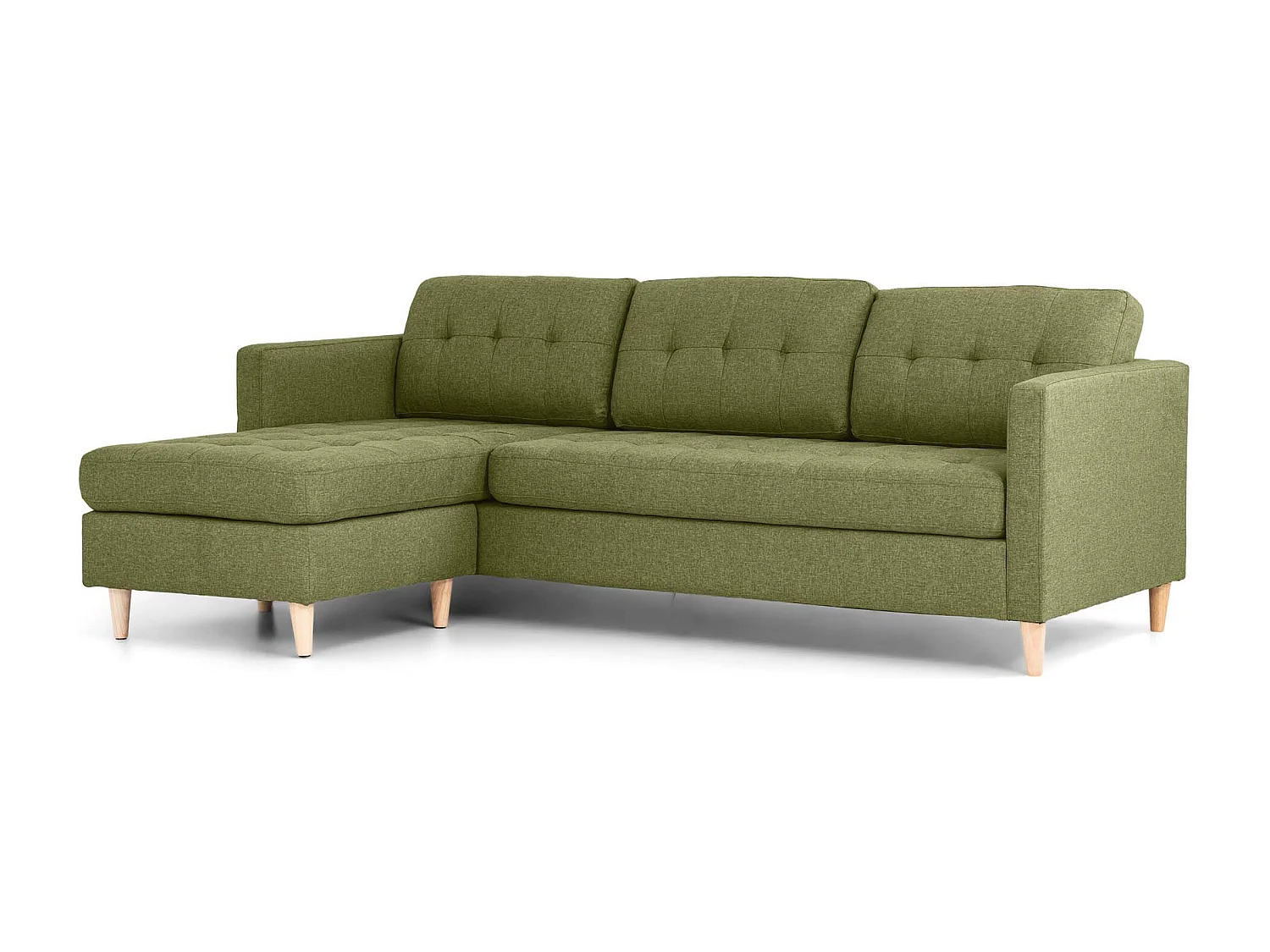 Mars Sofa, Canapé avec chaise longue réversible à droite ou à gauche, en tissu vert avec pieds en bois.