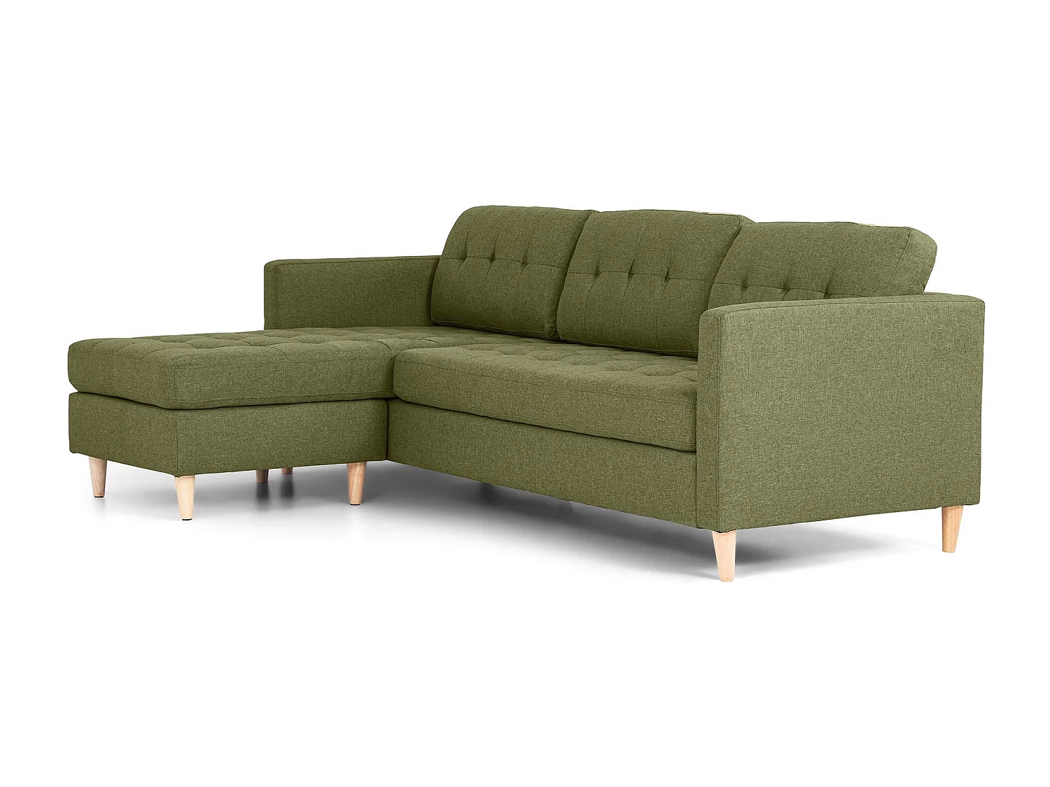 Mars Sofa, Canapé avec chaise longue réversible à droite ou à gauche, en tissu vert avec pieds en bois.