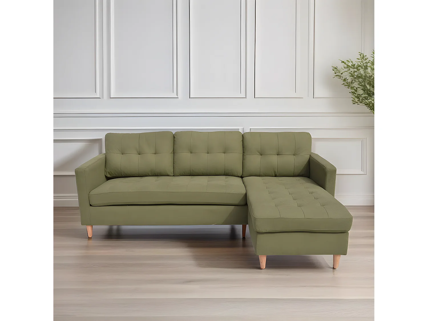 Mars Sofa, Canapé avec chaise longue réversible à droite ou à gauche, en tissu vert avec pieds en bois.