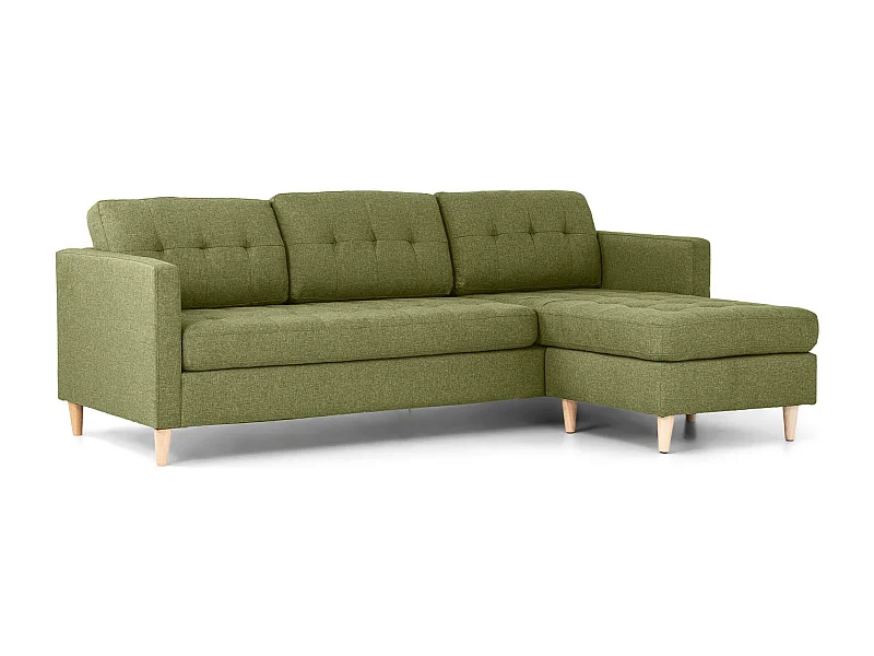 Mars Sofa, Canapé avec chaise longue réversible à droite ou à gauche, en tissu vert avec pieds en bois.