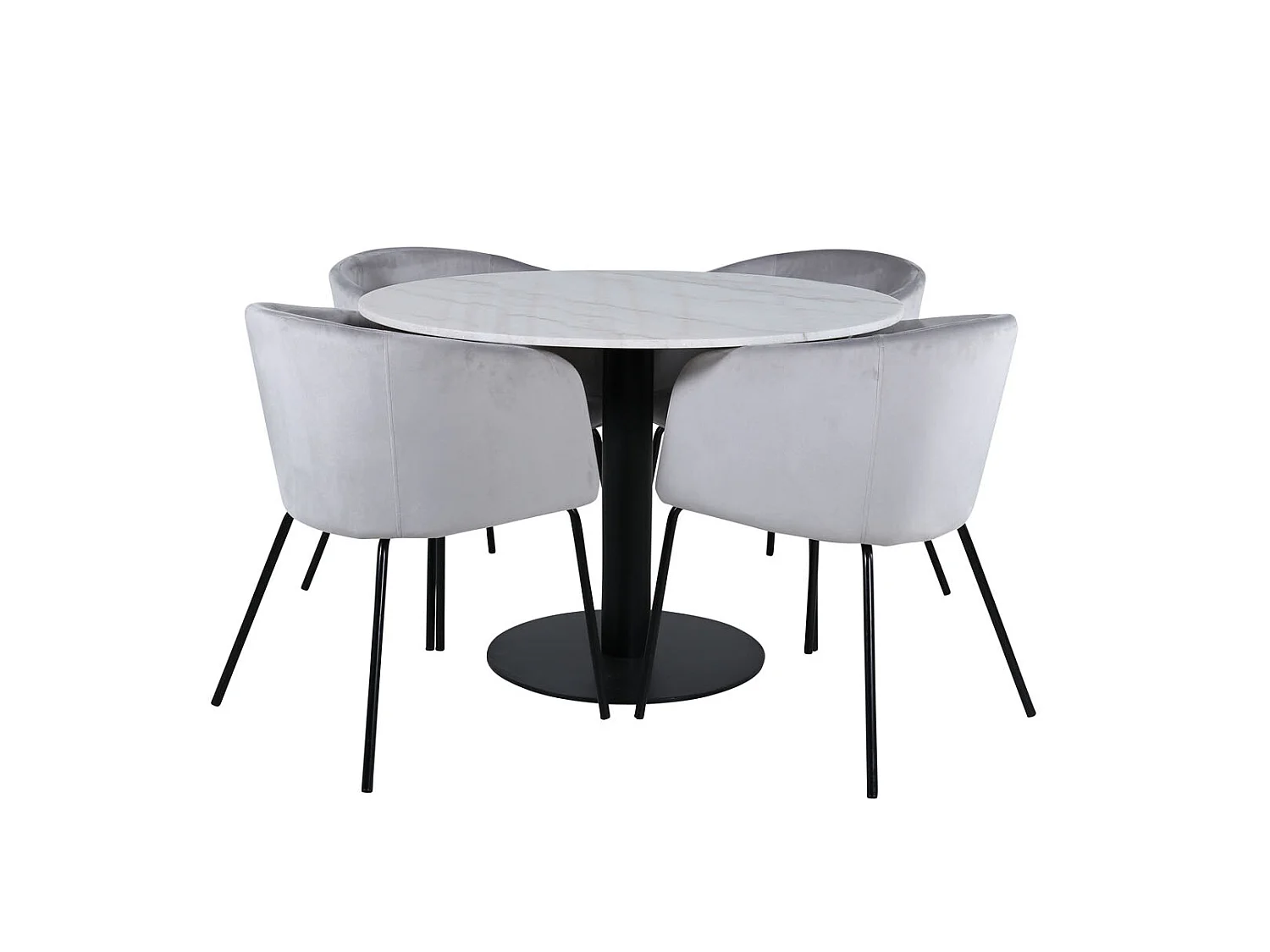 EstelleØ106WHBL ensemble table, table blanc, marbre et 4 Berit chaises Velours gris.
