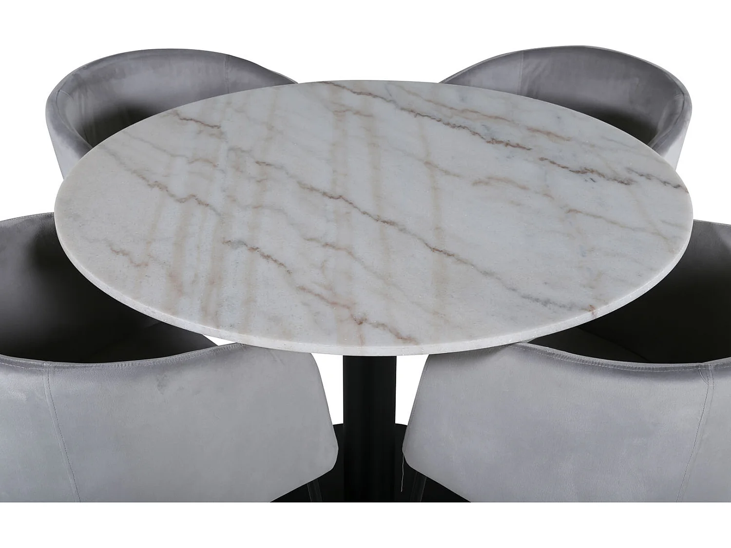 EstelleØ106WHBL ensemble table, table blanc, marbre et 4 Berit chaises Velours gris.