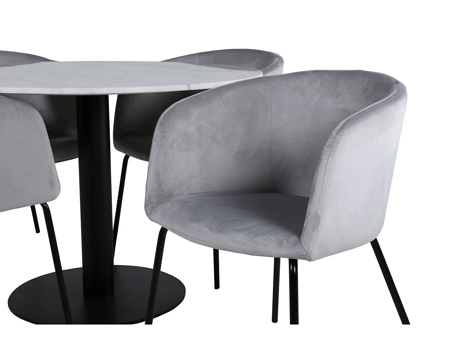 EstelleØ106WHBL ensemble table, table blanc, marbre et 4 Berit chaises Velours gris.