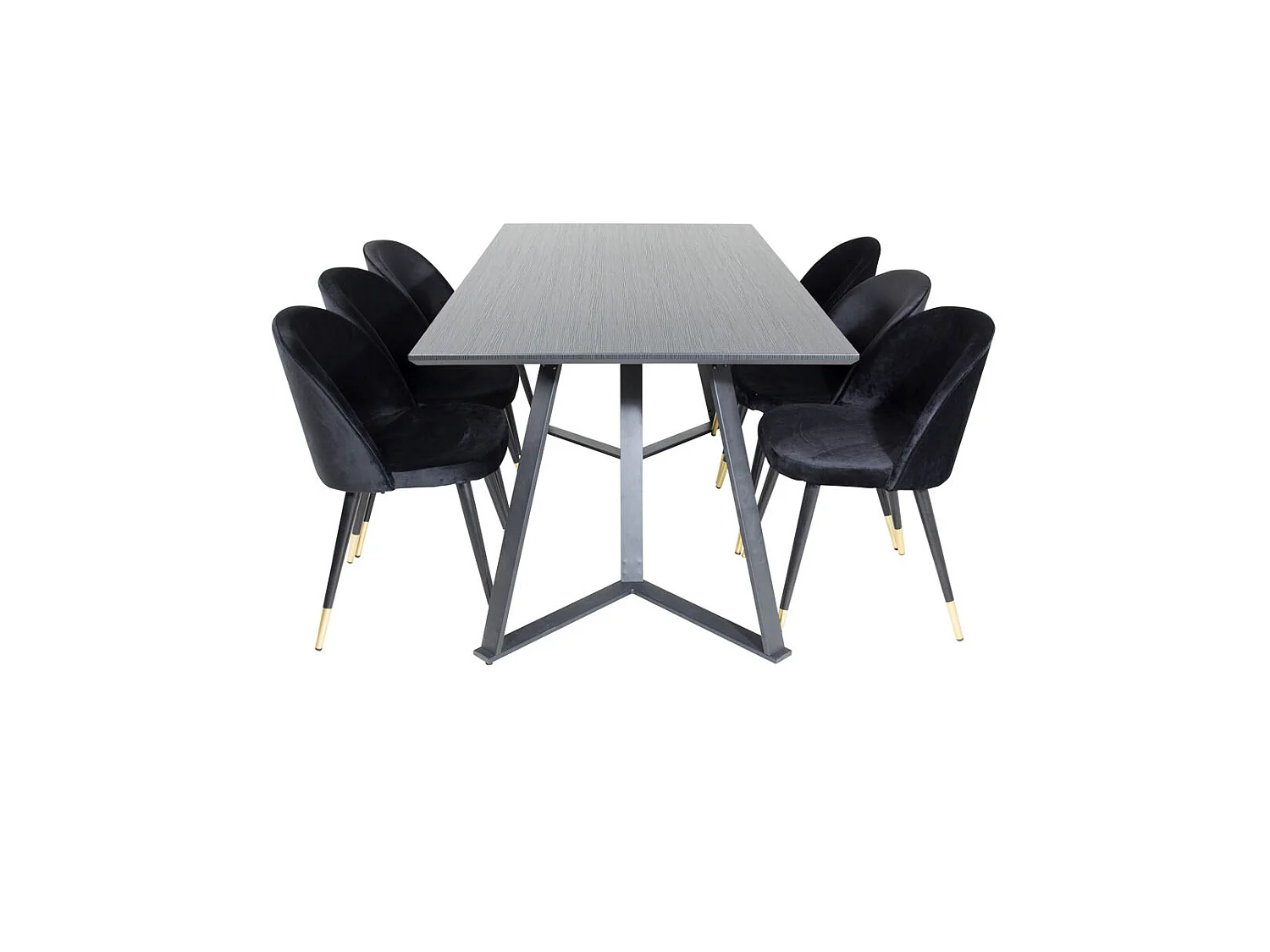 MarinaBLBL Essgruppe Esstisch schwarz und 6 Velvet Esszimmerstühle Velour schwarz, Messing dekor.