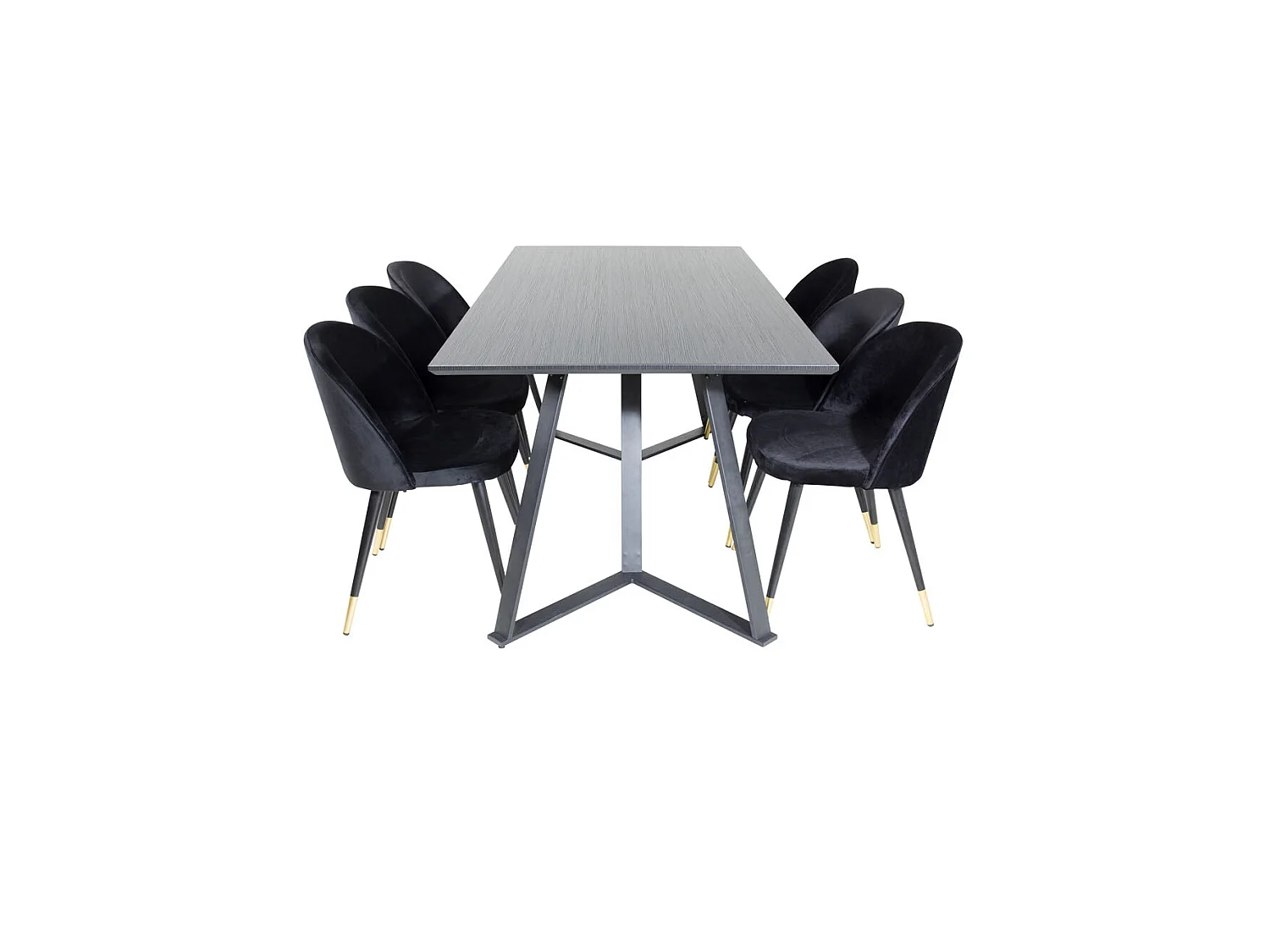 MarinaBLBL ensemble table, table noir et 6 Velvet chaises Velours noir, laiton décor.