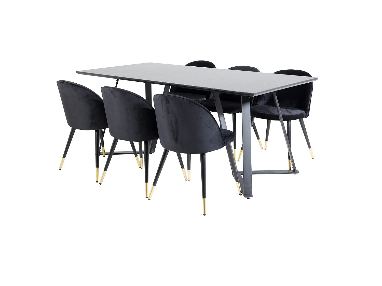MarinaBLBL ensemble table, table noir et 6 Velvet chaises Velours noir, laiton décor.