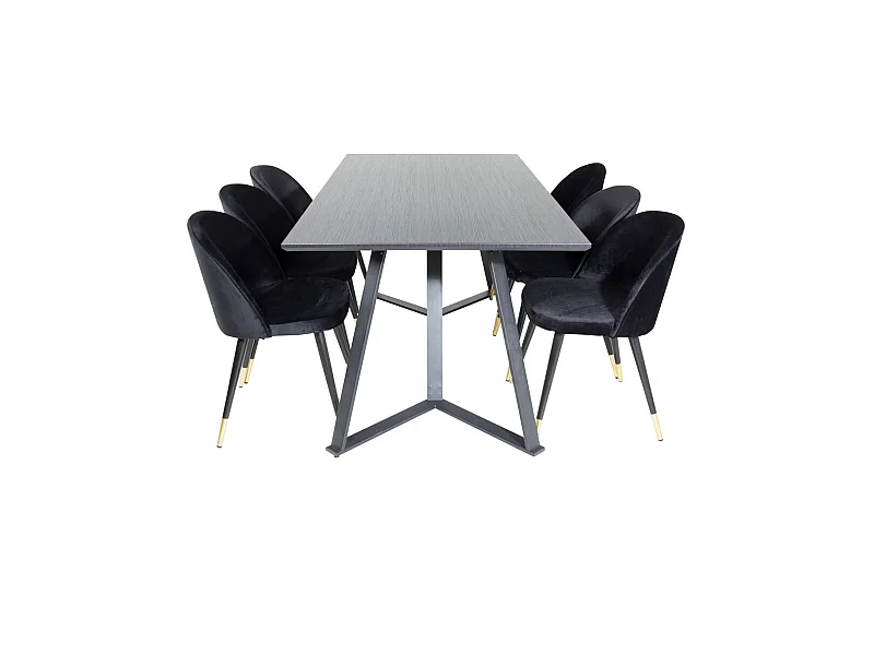 MarinaBLBL Essgruppe Esstisch schwarz und 6 Velvet Esszimmerstühle Velour schwarz, Messing dekor.