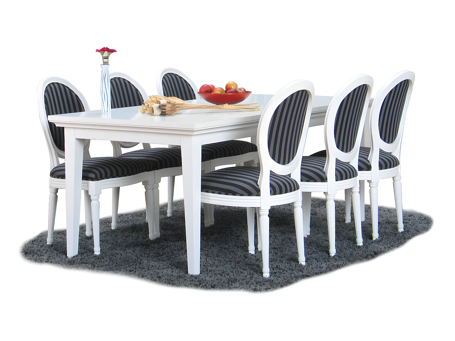 Venedig Essgruppe 95x180/276 einschl. 2 Einlegeböden weiss mit 6 Rokoko Stühle weiss/schwarz.