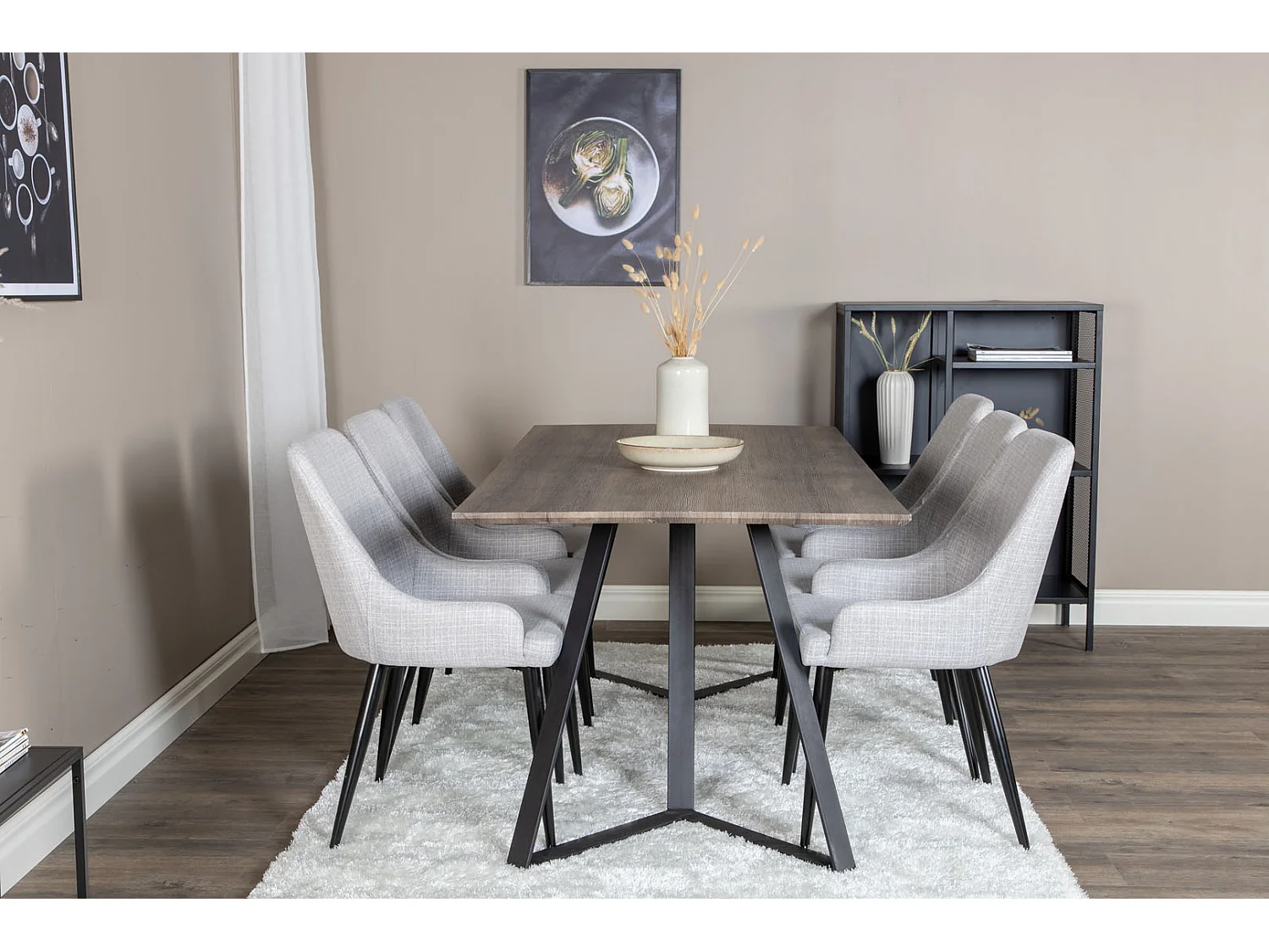 MarinaGRBL Essgruppe Esstisch El Holz dekor grau und 6 Plaza Esszimmerstühle hellgrau, schwarz.