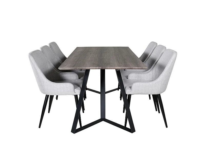 MarinaGRBL ensemble table, table El bois décor gris et 6 Plaza chaises grisclair, noir.