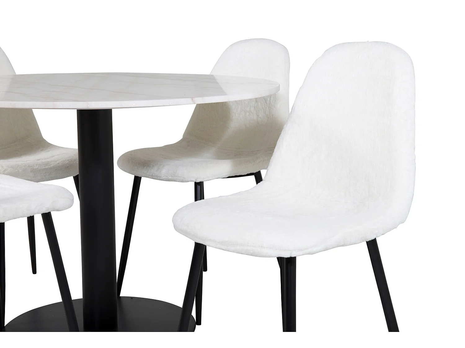 EstelleØ106WHBL eethoek eetkamertafel wit, marmer en 4 Polar Fluff eetkamerstal Teddy wit.