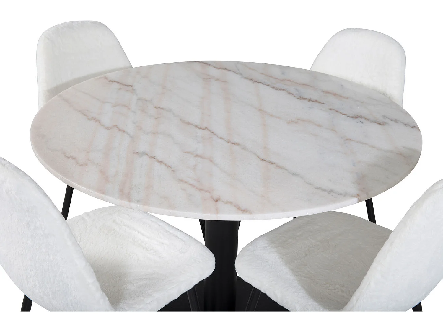 EstelleØ106WHBL eethoek eetkamertafel wit, marmer en 4 Polar Fluff eetkamerstal Teddy wit.