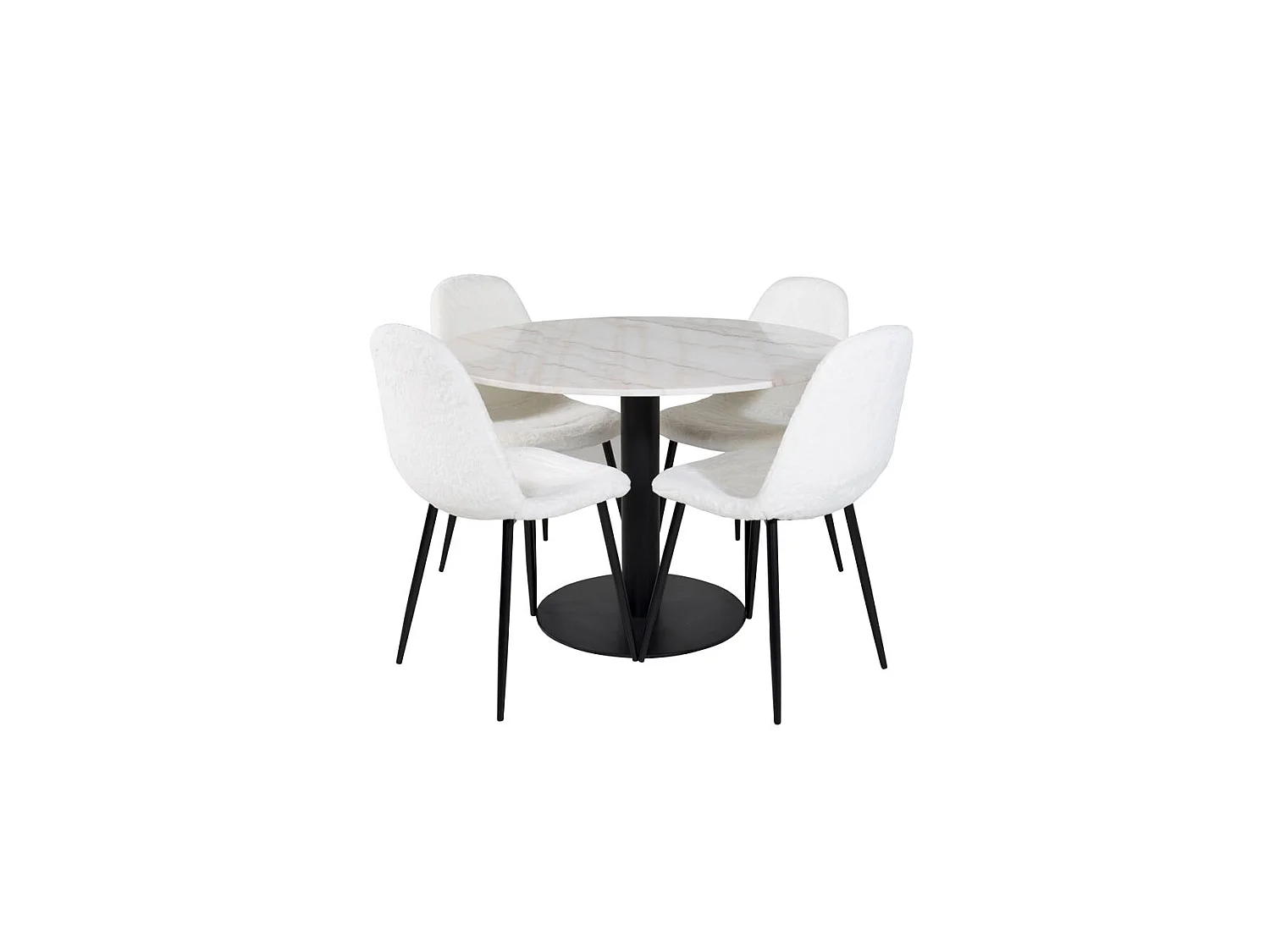 EstelleØ106WHBL ensemble table, table blanc, marbre et 4 Polar Fluff chaises Teddy blanc.