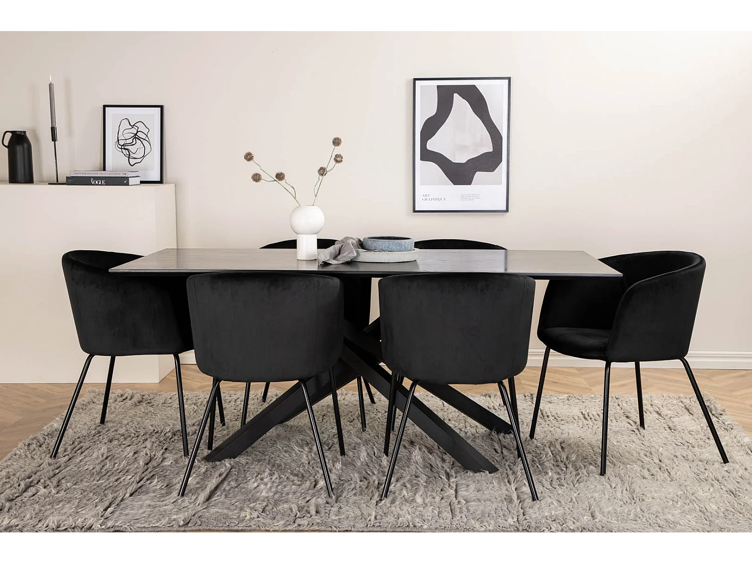PiazzaBLBL ensemble table, table noir et 6 Berit chaises Velours noir.