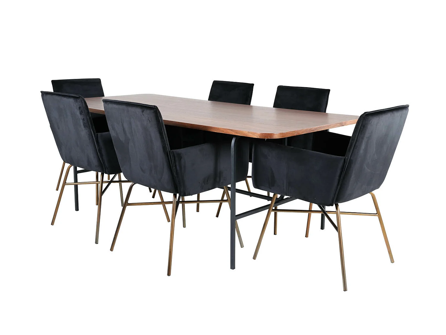 UnoWA eethoek eetkamertafel Okkernoot decor en 6 Pippi eetkamerstal velours zwart.