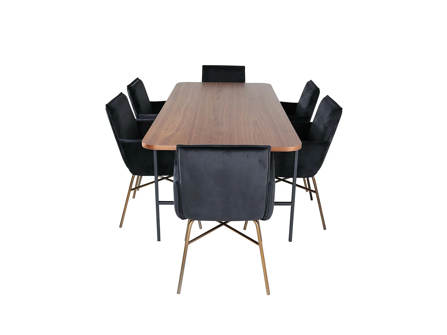 UnoWA eethoek eetkamertafel Okkernoot decor en 6 Pippi eetkamerstal velours zwart.