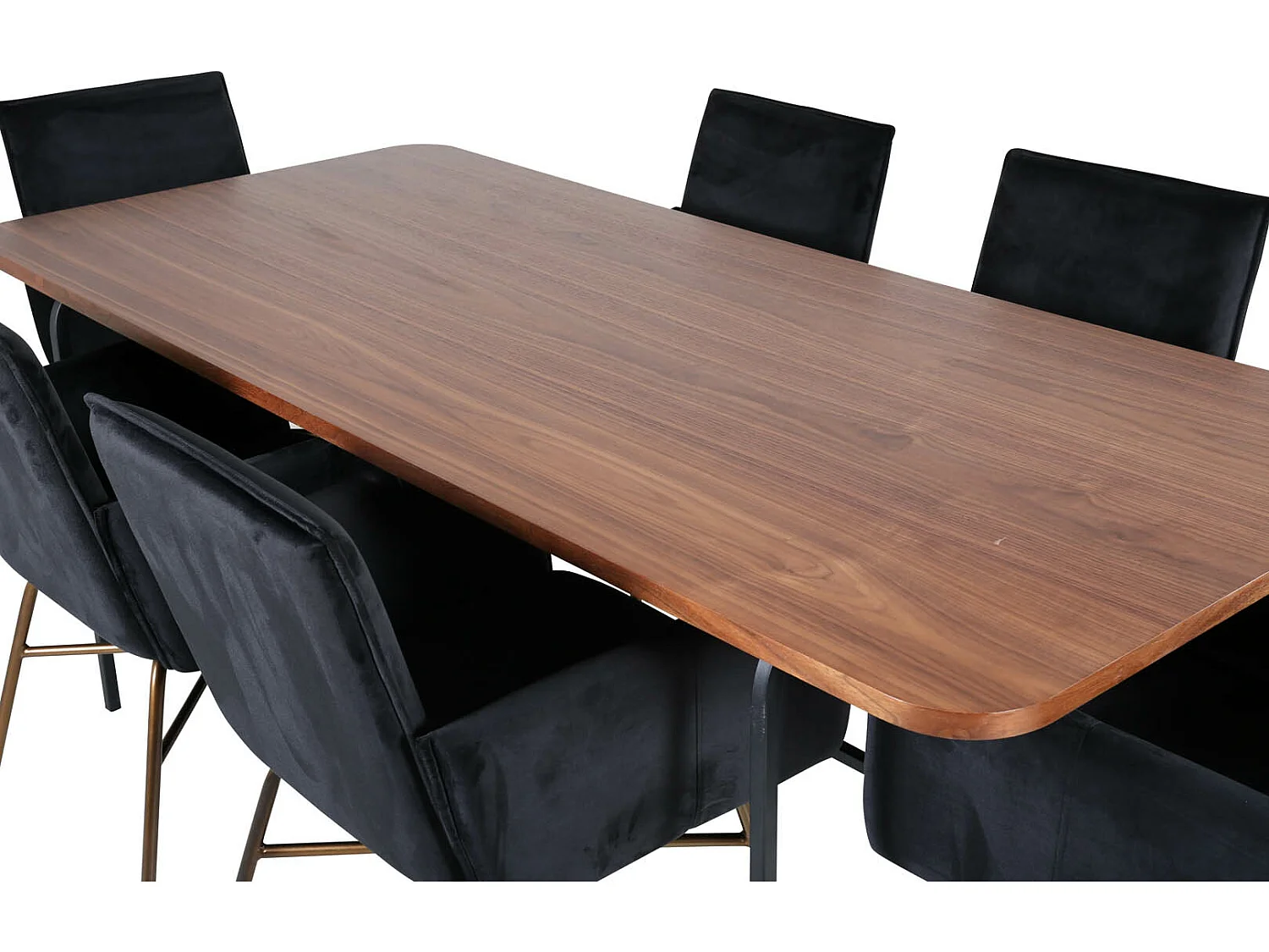 UnoWA eethoek eetkamertafel Okkernoot decor en 6 Pippi eetkamerstal velours zwart.