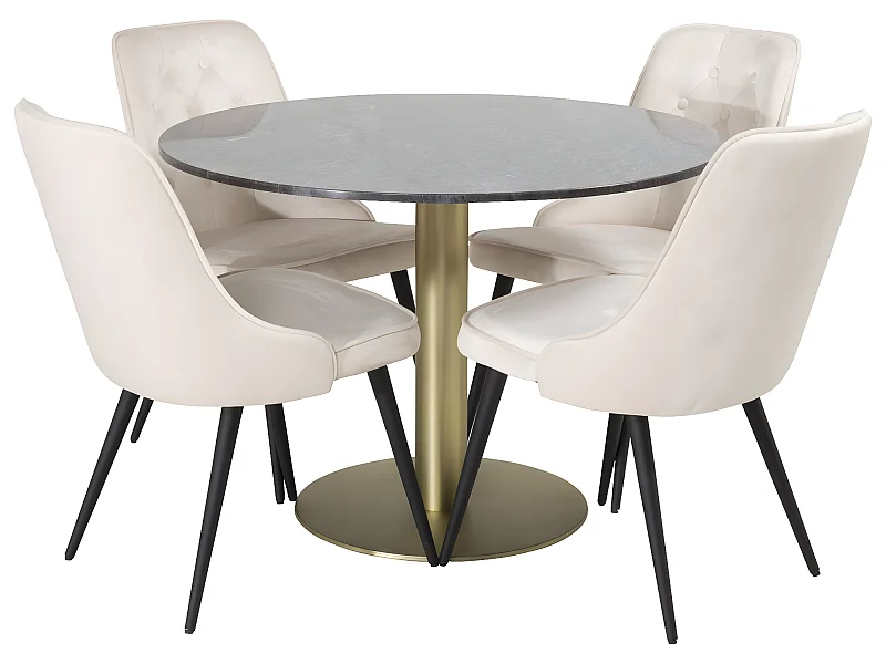 EstelleØ106BLBR ensemble table, table noir, marbre et 4 Velvet Deluxe chaises Velours beige, noir.