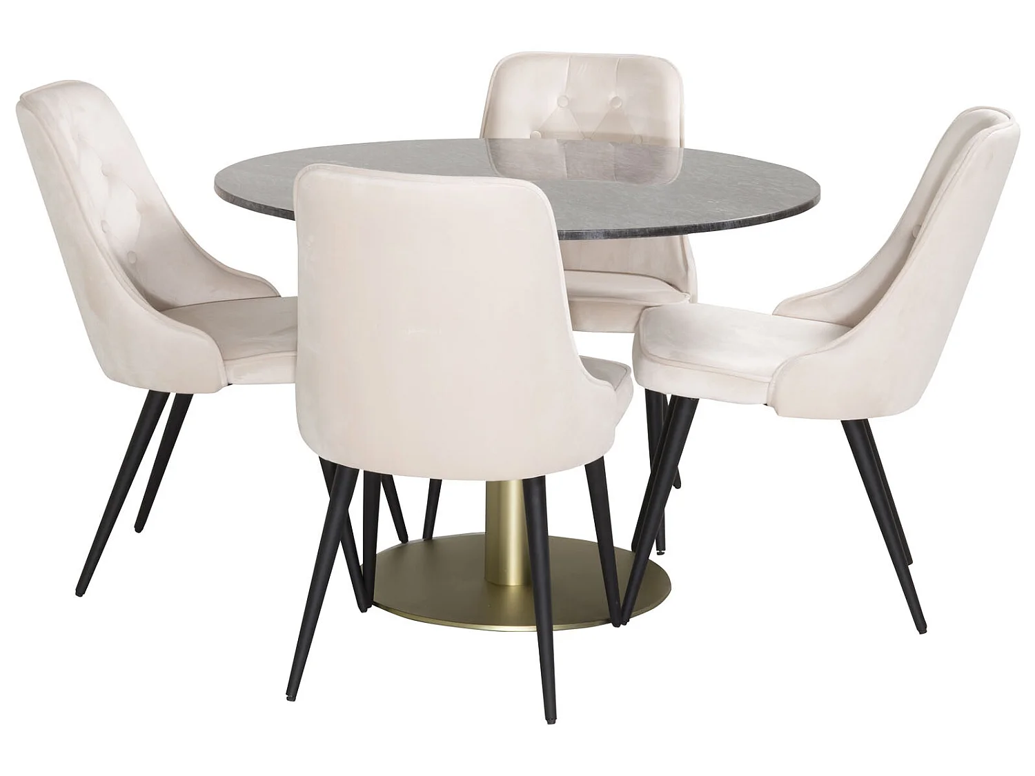 EstelleØ106BLBR ensemble table, table noir, marbre et 4 Velvet Deluxe chaises Velours beige, noir.