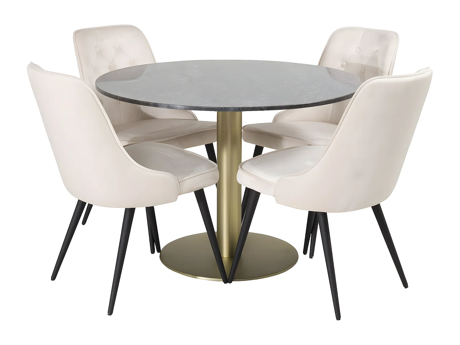 EstelleØ106BLBR ensemble table, table noir, marbre et 4 Velvet Deluxe chaises Velours beige, noir.