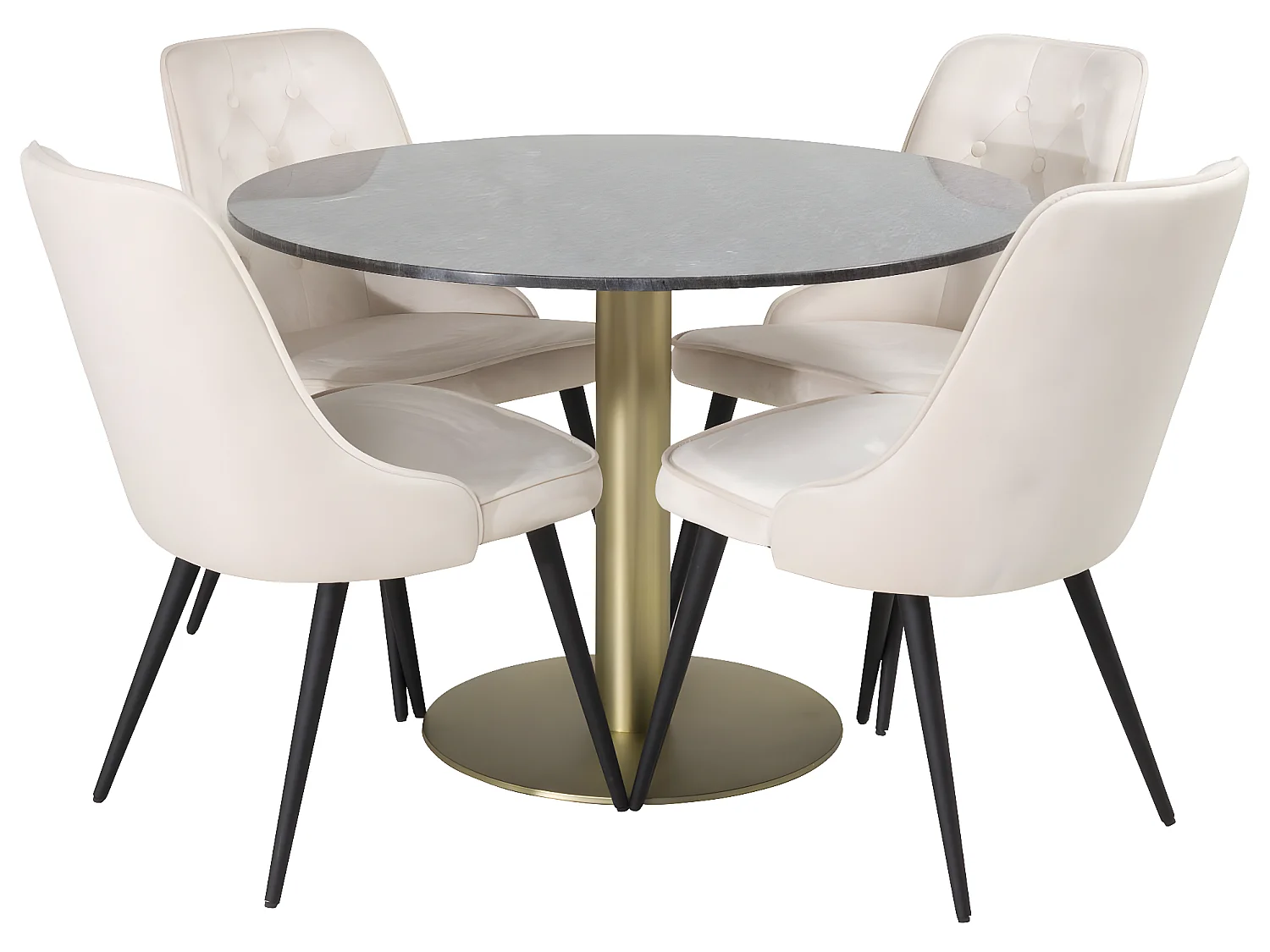 EstelleØ106BLBR ensemble table, table noir, marbre et 4 Velvet Deluxe chaises Velours beige, noir.