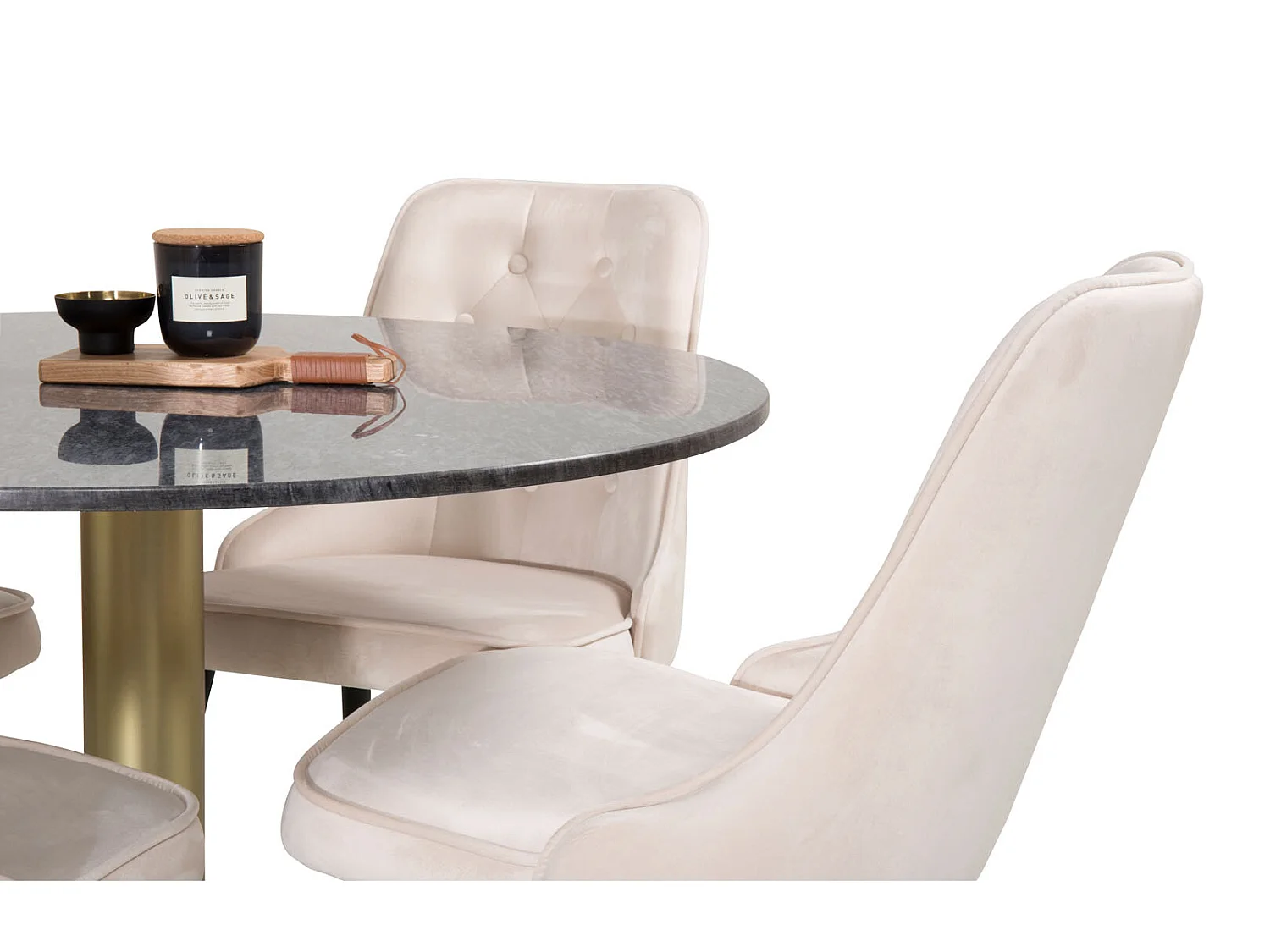 EstelleØ106BLBR ensemble table, table noir, marbre et 4 Velvet Deluxe chaises Velours beige, noir.