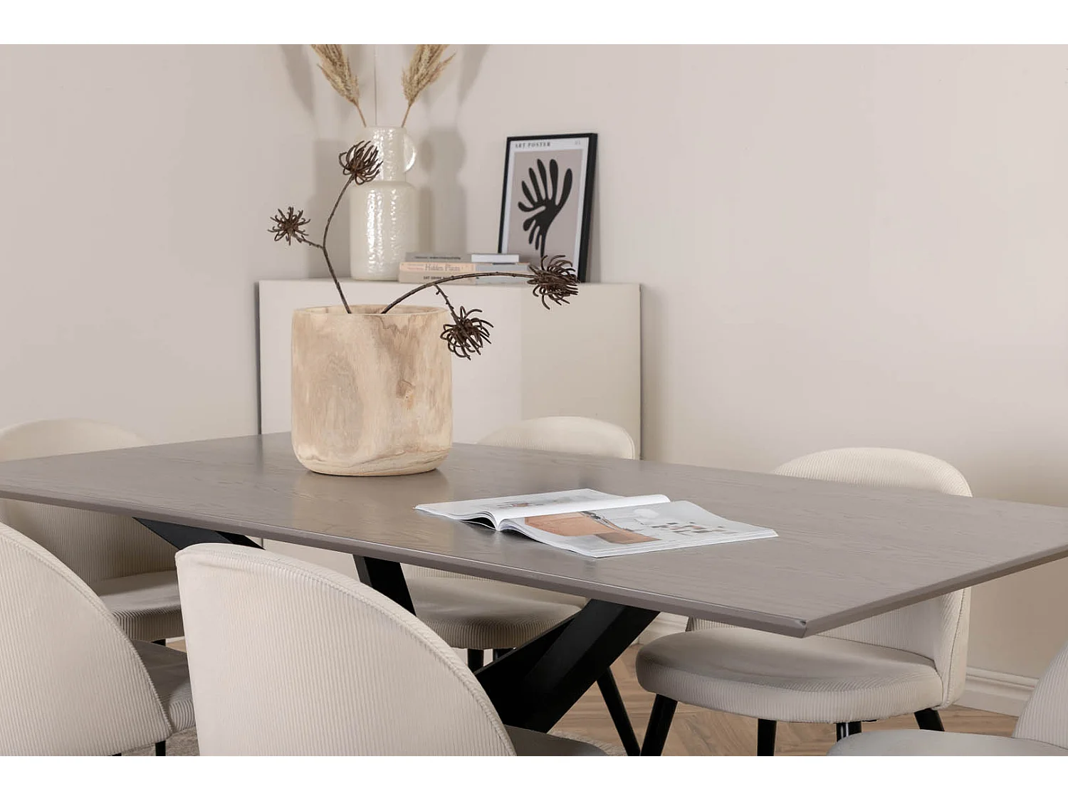 PiazzaGRBL Essgruppe Esstisch grau und 6 Velvet Esszimmerstühle Samt beige, schwarz.