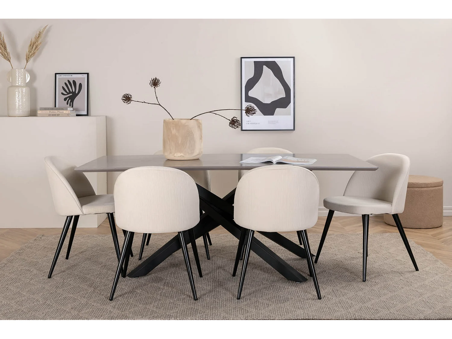 PiazzaGRBL ensemble table, table gris et 6 Velvet chaises Velours côtelé beige, noir.