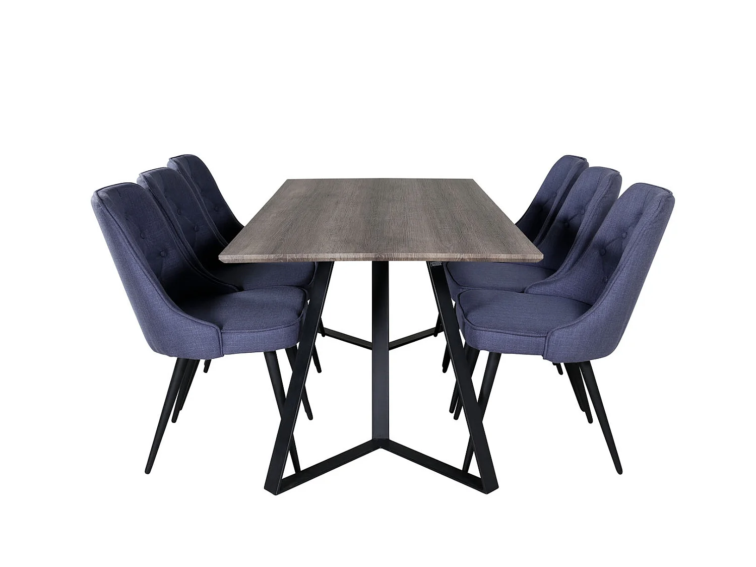 MarinaGRBL ensemble table, table El bois décor gris et 6 Velvet Deluxe chaises bleu, noir.