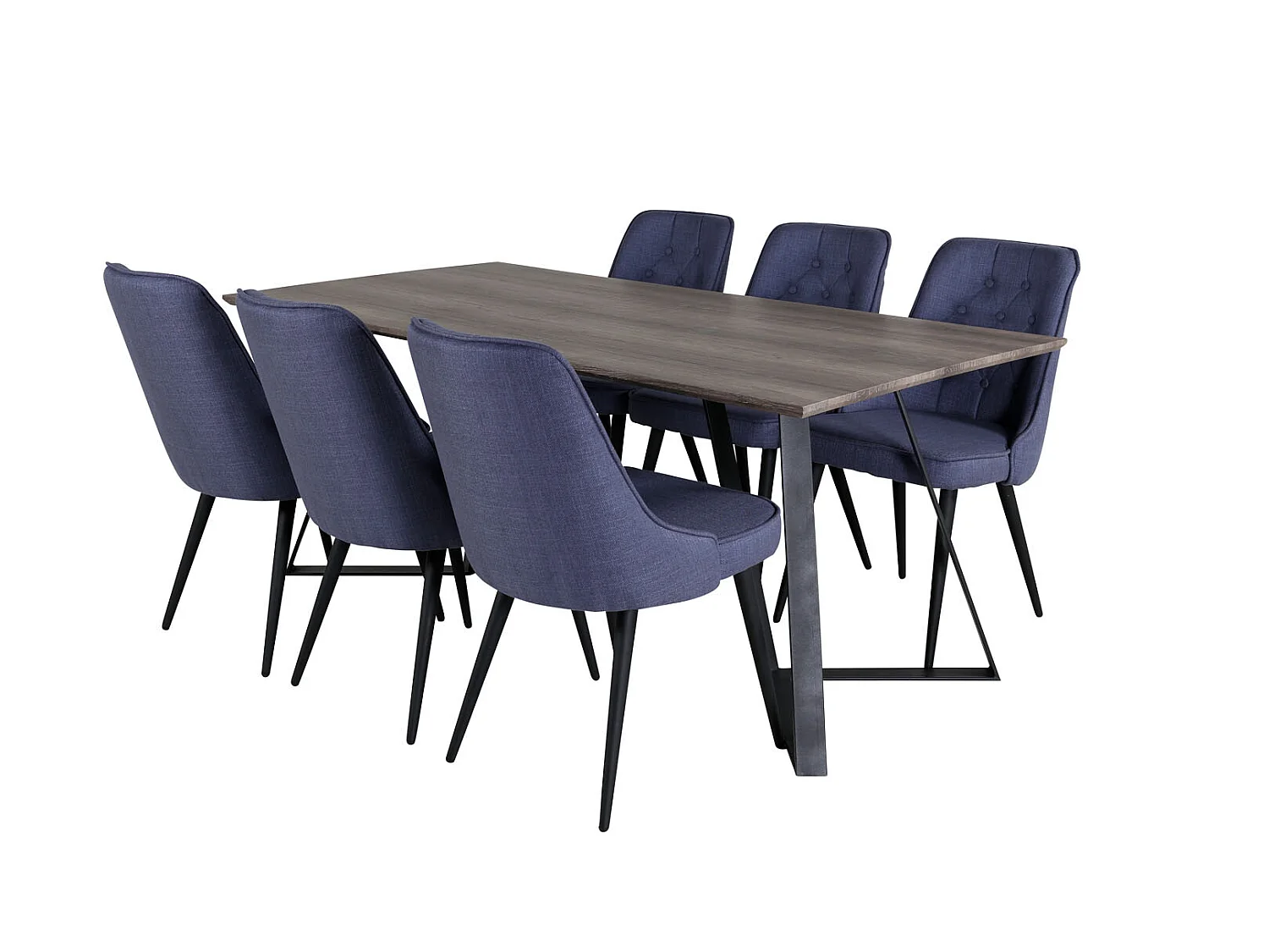 MarinaGRBL ensemble table, table El bois décor gris et 6 Velvet Deluxe chaises bleu, noir.