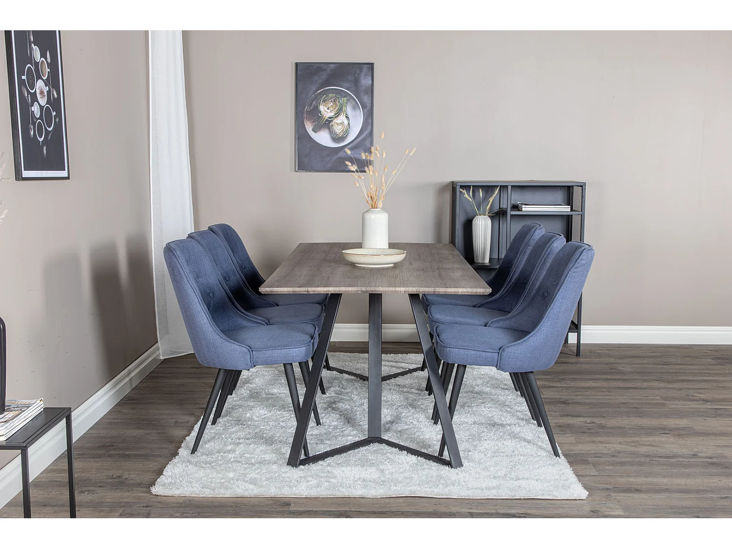 MarinaGRBL ensemble table, table El bois décor gris et 6 Velvet Deluxe chaises bleu, noir.