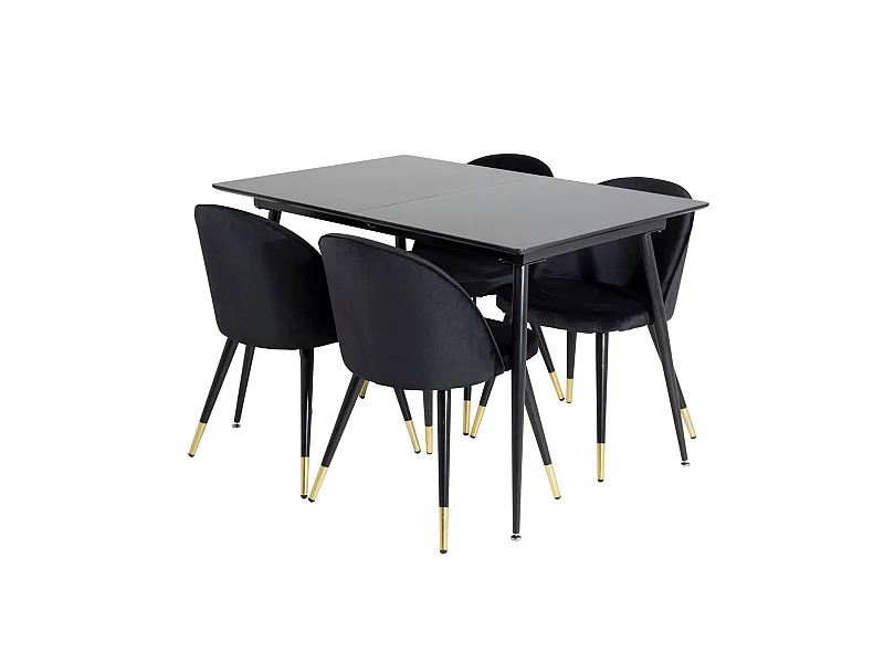 SilarBLExt ensemble table, table extensible longueur cm120 / 160 noir et 4 Velvet chaises Velours noir, laiton décor.