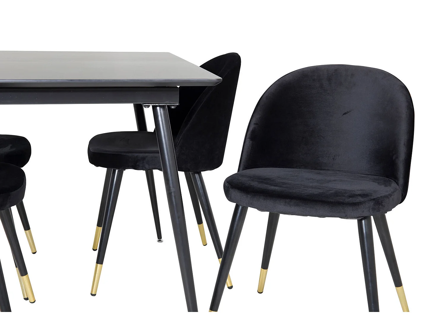 SilarBLExt eethoek eetkamertafel uitschuifbare tafel lengte cm 120 / 160 zwart en 4 Velvet eetkamerstal velours zwart, messing decor.